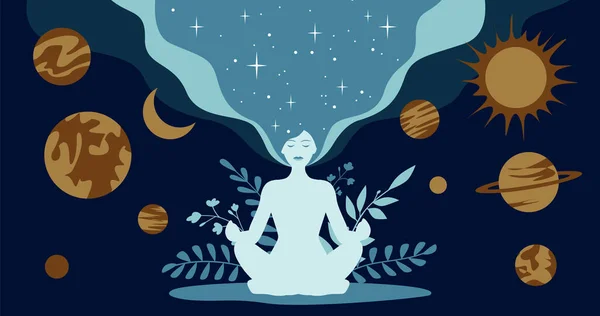 Nilüfer pozisyonunda meditasyon yapan bir kadının silüeti. Astrolojik gezegenlerin ve bitki dallarının arka planında.