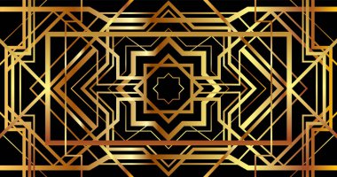 Altın retro süslemeli Art Deco afişi. Gatsby tarzında yatay arkaplan.