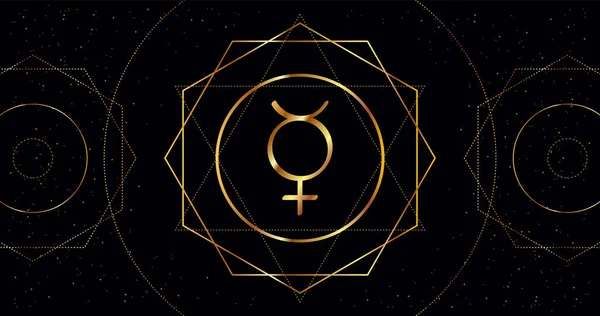 Merkür gezegeni ikonu. Geometrik süslemeli siyah arkaplanda altın rengin Astrolojik işareti.