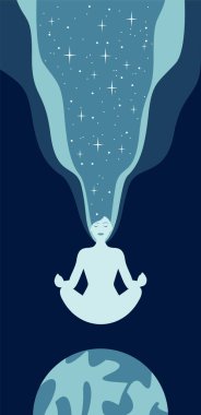 Kadın Lotus pozisyonunda meditasyon yapıyor. Gezegenin her yerindeki bir kızın silueti, saçlarında yıldızlar görünüyor. Dikey İlan.