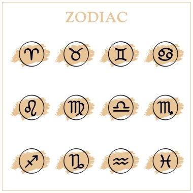Zodiac ikonları. Zodyak işaretleri. El çizim arkaplanındaki Astrolojik işaretler, beyaz üzerine izole edilmiş
