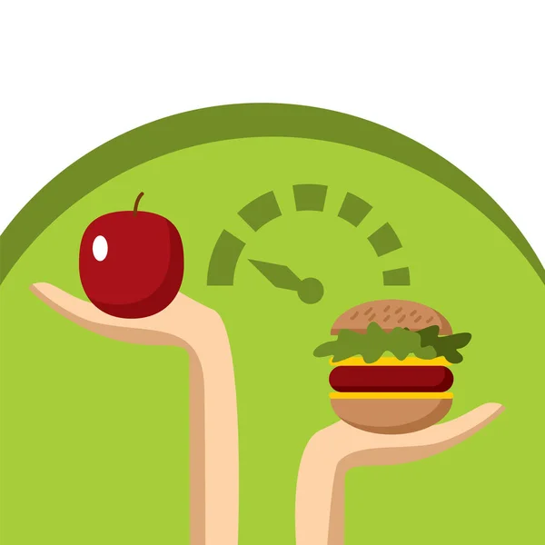Dos manos pesan una manzana y una hamburguesa con queso. Nutrición adecuada, atención médica, dieta. — Archivo Imágenes Vectoriales