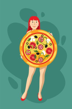 Elinde büyük bir pizza tutan genç bir kadın var. Çizgi film tarzında resimleme.