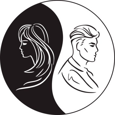Yin yang sembolünün arka planında erkek ve kadın siluetleri var. Beyazda izole edilmiş.