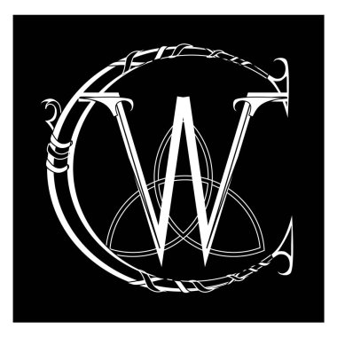 Cadı Aracı Monogramı. Okültizm. Şamanizm Cadısı. Element. Ruh. Bir kitap, poster, logo, kıyafetler için resim.