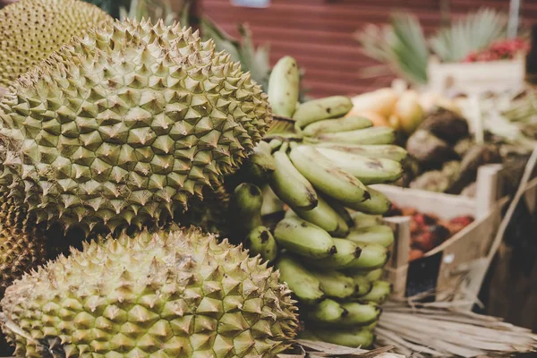 Exotické Tropické Ovoce Durian Jackfruit Banány Pouliční Potravin Trhu — Stock fotografie