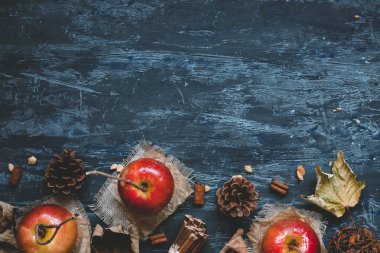 Sonbahar arka plan kopya alanı ile. Sonbahar dekorasyonu, üstten görünüm ile lezzetli karamel elmalar.