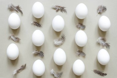 Doğal Paskalya arka plan. Paskalya yumurtası bileşimi beyaz yumurta ve tüyler.