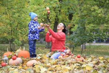 anneler günü, park, altın sonbaharda oğluyla mutlu anne,