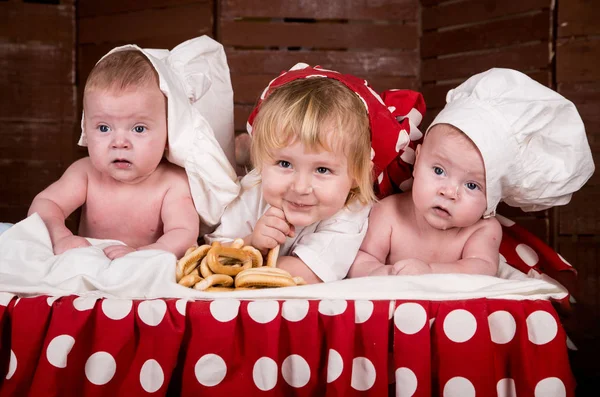 Little Twin Brothers Cook Cap Background Products — Stock Photo, Image