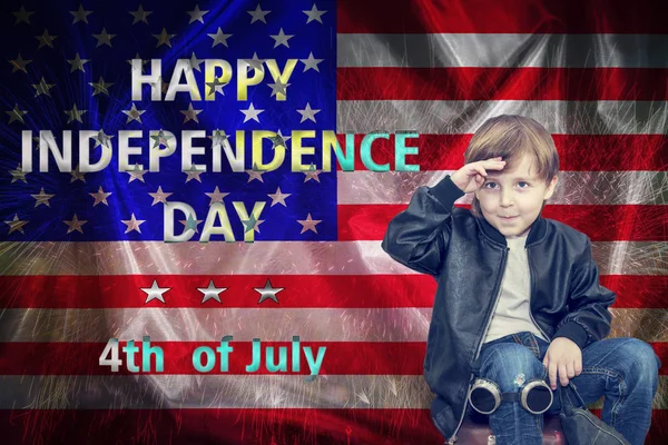 HAPPY INDEPENDENCE DAY , 4th of July, American Boy salutes with his hand, American flag with the text Happy independence day, background is  fireworks