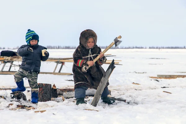 Nadym Rusia Abril 2018 Tundra Área Abierta Los Niños Con — Foto de Stock