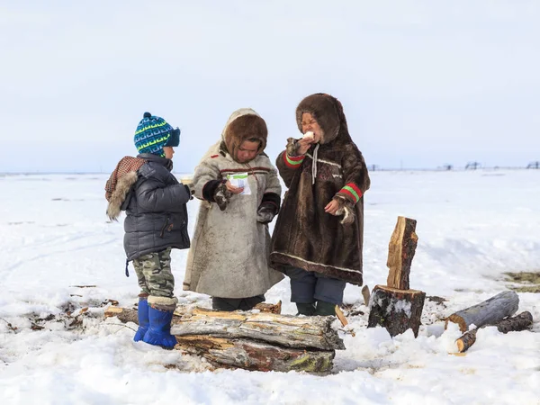 Надим Росія Квітня 2018 Tundra Відкриту Ділянку Хлопчики Національний Одяг — стокове фото