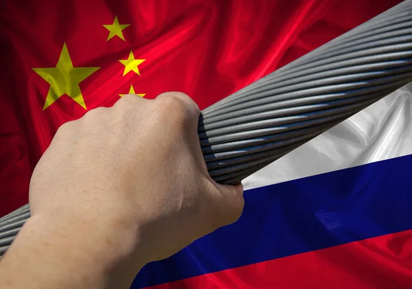 Concept Applying Two Countries Russia China Flag Russia Flag China — Stock Photo, Image
