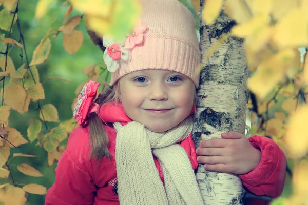 Gouden Herfst Mooi Meisje Achtergrond Van Boom Bladeren Gelukkige Smil — Stockfoto