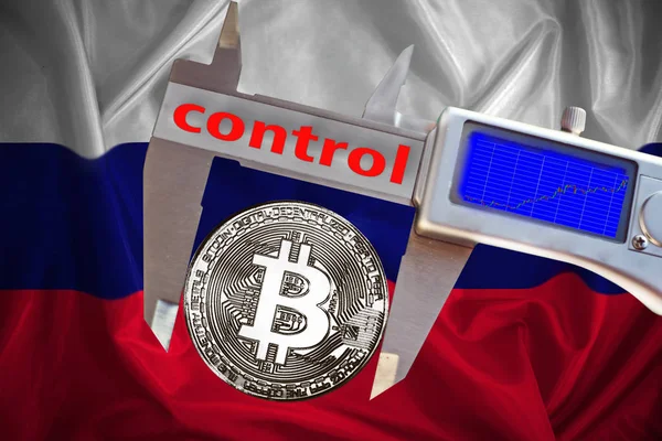 Фінанси Концепції Bitcoin Фоні Прапор Російської Федерації Bitcoin Контролю Bitcoin — стокове фото