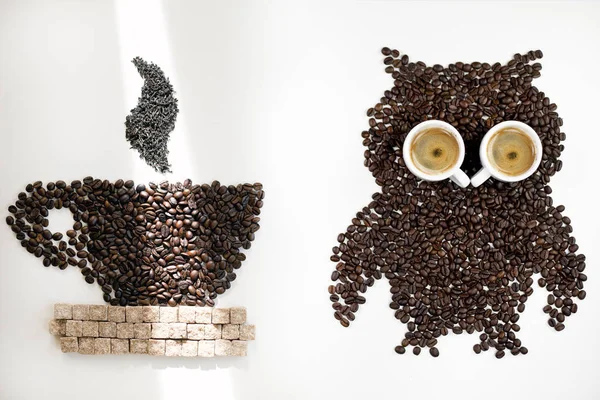 Owl Kaffebönor Och Kopp Kaffe Fika — Stockfoto