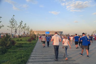 Rostov-On-Don, Rusya-26 Haziran 2018: FIFA Dünya Kupası 2018 ev sahibi şehir Rostov-on-Don yer Rostov Arena, inşaat, akşam manzara tamamlanması aşamasında Rostov Arena Stadyumu.