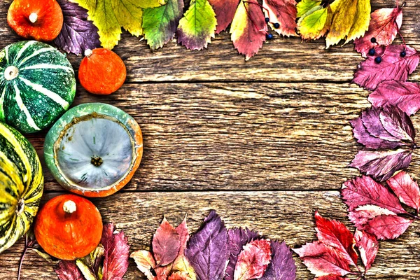 Thanksgiving background:  pumpkins and fallen leaves on wooden background.Autumn leaves frame with wood background, Bright contrast