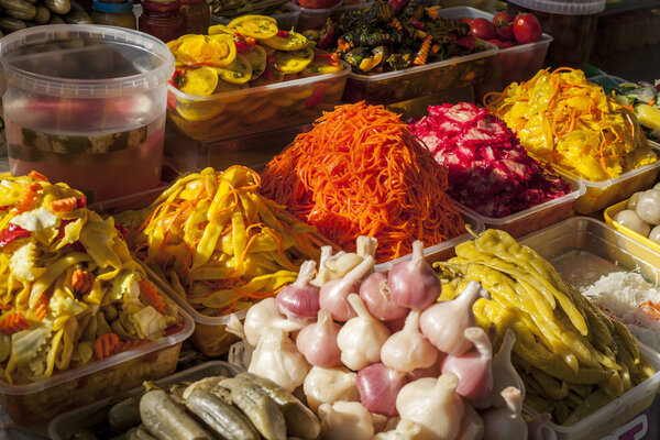 Asian cuisine, pickled vegetables with spices, carrots in Korean