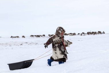 tundra bir sakini, Far North, tundra, açık alan yerli sakinleri, çocuk kızakları üzerinde Ulusal giysiler çocuklarda binmek.