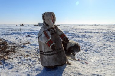 Tundra, açık alan, soğuk kış hava bir köpek ile çocuk, çocuk Ulusal giysiler,