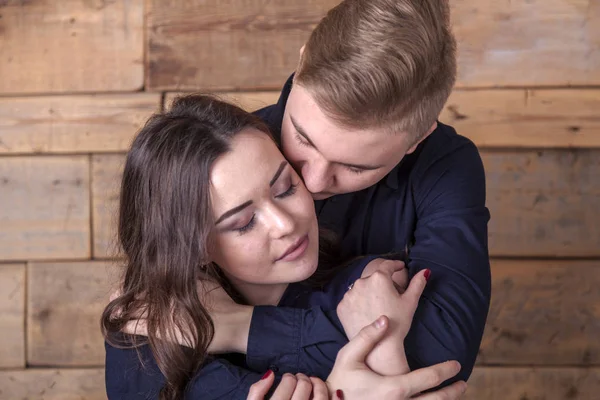 Love Story Gentle Kiss Young Lovers Young Guy Gently Hugs — Stock Photo, Image