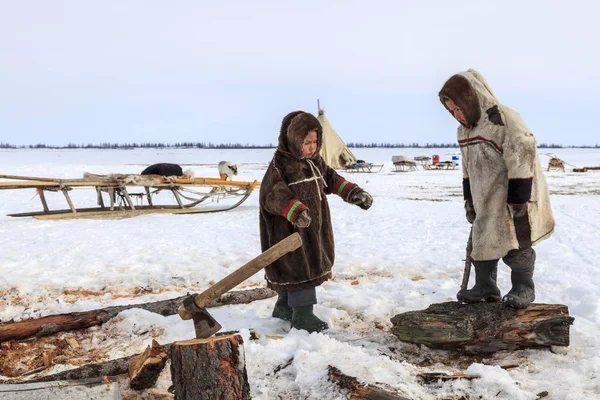 Nadym Rússia Abril 2018 Tundra Área Aberta Meninos Roupas Nacionais — Fotografia de Stock