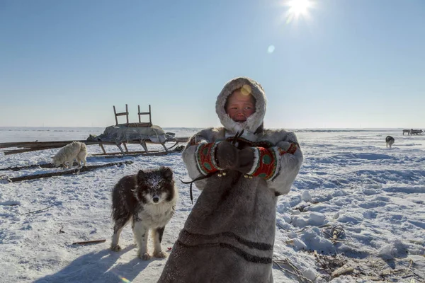 Tundra Área Aberta Menino Com Cão Tempo Inverno Frio Menino — Fotografia de Stock