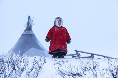 Tundra bir sakini, Far North, tundra, açık alan yerli sakinleri, çocuk kızakları üzerinde çocuk Ulusal giysiler içinde kırmızı giysili küçük kızı binmek