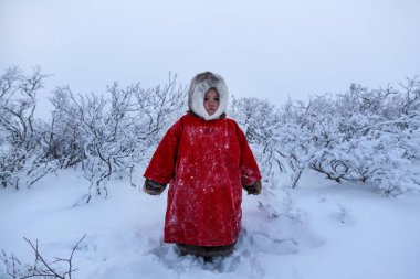 Tundra bir sakini, yerli sakinleri Far North, tundra, açık alan, küçük kız binmek kızakları üzerinde Ulusal kırmızı giysili küçük kızı