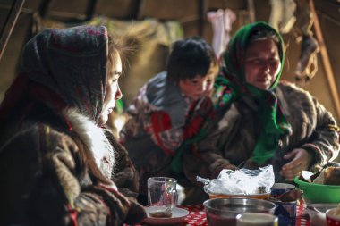 Kuzeyde Yamal, Nenet halkının otlakları, kuzeydeki insanların evleri, yurt, sanatsal tonlama, gürültü.,
