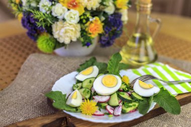 Karahindiba, sağlıklı bahar salatası genç yapraklarda plaka closeup karahindiba, salatalık, turp ve yumurta salatası