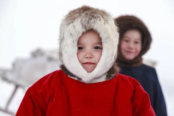 Житель Tundra Корінних Жителів Крайньої Півночі Tundra Відкриту Ділянку Діти — стокове фото