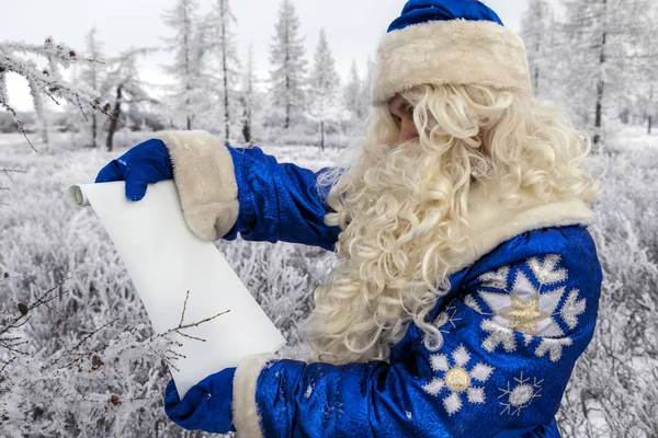 Jultema Försäljning Glada Jultomten Snöig Skog Santa Bakgrunden Vinter Skog — Stockfoto