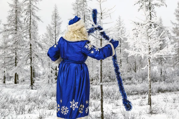 Weihnachtsthema Verkauf Glücklicher Weihnachtsmann Verschneiten Wald Weihnachtsmann Hintergrund Eines Winterwaldes — Stockfoto