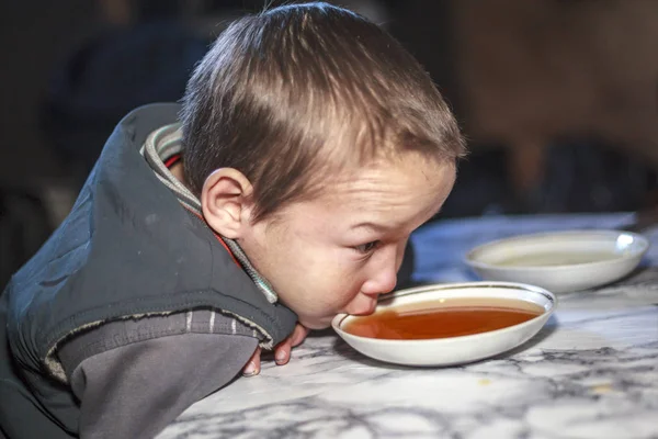 Αγόρι Πίνει Τσάι Από Ένα Πιατάκι Κάτοικος Της Τούνδρας Αυτόχθονες — Φωτογραφία Αρχείου
