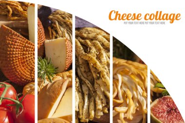 Food collage.Traditional Italian Smoked cheese, Chechil cheese on the Wood background. Smoked cheese  on a cutting board, with grapes, basil, figs, a large assortment of cheeses