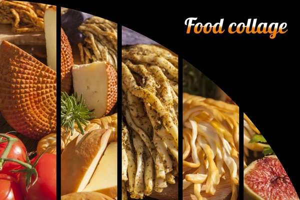 Food Collage Traditional Italian Smoked Cheese Chechil Cheese Wood Background — Stok fotoğraf