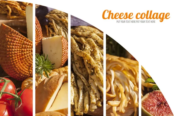 Food Collage Traditional Italian Smoked Cheese Chechil Cheese Wood Background — Stok fotoğraf