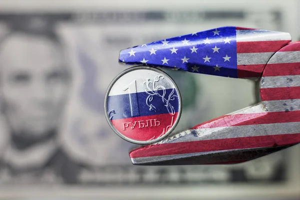 New Sanctions Russian Economy Pliers Usa Flag Squeezed Ruble Russian — Stock Photo, Image