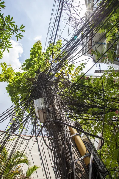 Vietnamese electrical networks. Electrical wires on poles in Han