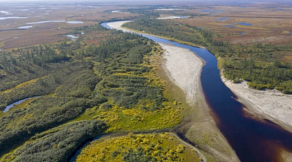 Landscape Forest Tundra Sandy River Bank Bird Eye View Arctic — Stock Photo, Image