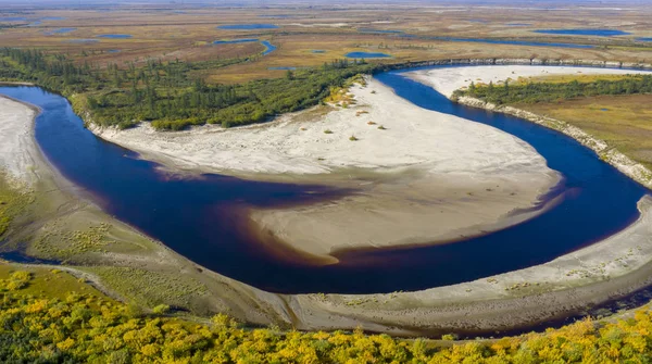 Landscape Forest Tundra Sandy River Bank Bird Eye View Arctic — Stock Photo, Image