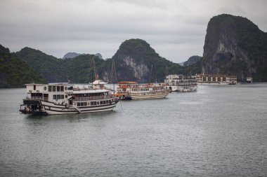 Halong Körfezi, Vietnam, 17 Haziran 2019. Halong Körfezi UNESCO dünya mirası, Vietnam. Vietnam, Halong Körfezi 'ndeki kireçtaşı dağları arasında seyahat eden turist gemileri.. 