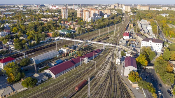 Aerial view of Train and railway tracks. Aerial view of diesel l