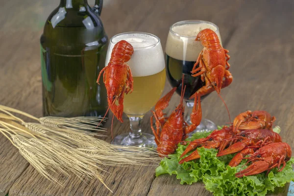 Écrevisses bouillies fraîches avec bière sur table en bois . — Photo