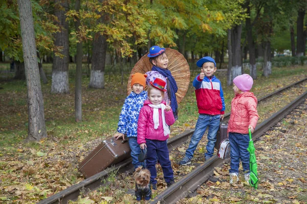 Złota Jesień, grupa dzieci stoją na kolei dorog z s — Zdjęcie stockowe