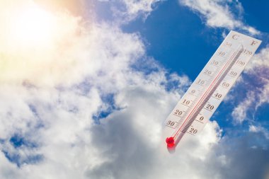 Termal ısınma, sıcak yazlar bekleniyor, termometre mavi gökyüzüne karşı 40 derecenin üzerinde dönüyor, dış sıcaklık, sıcak yaz