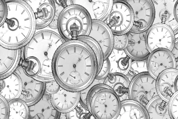 Piękne Tło Zabytkowych Zegarków Kieszonkowych Różnych Kolorach Rozmiarach Koncepcja Wieczności — Zdjęcie stockowe